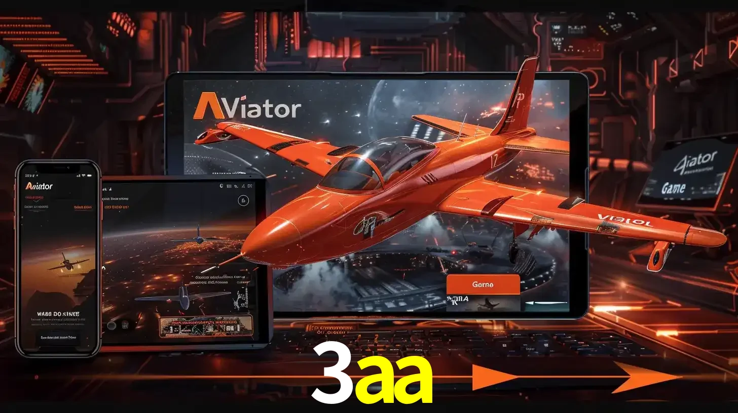 Apresentação tecnológica do jogo Aviator com um avião saindo da tela de um tablet, demonstrando a experiência imersiva em múltiplos dispositivos no 3aa.