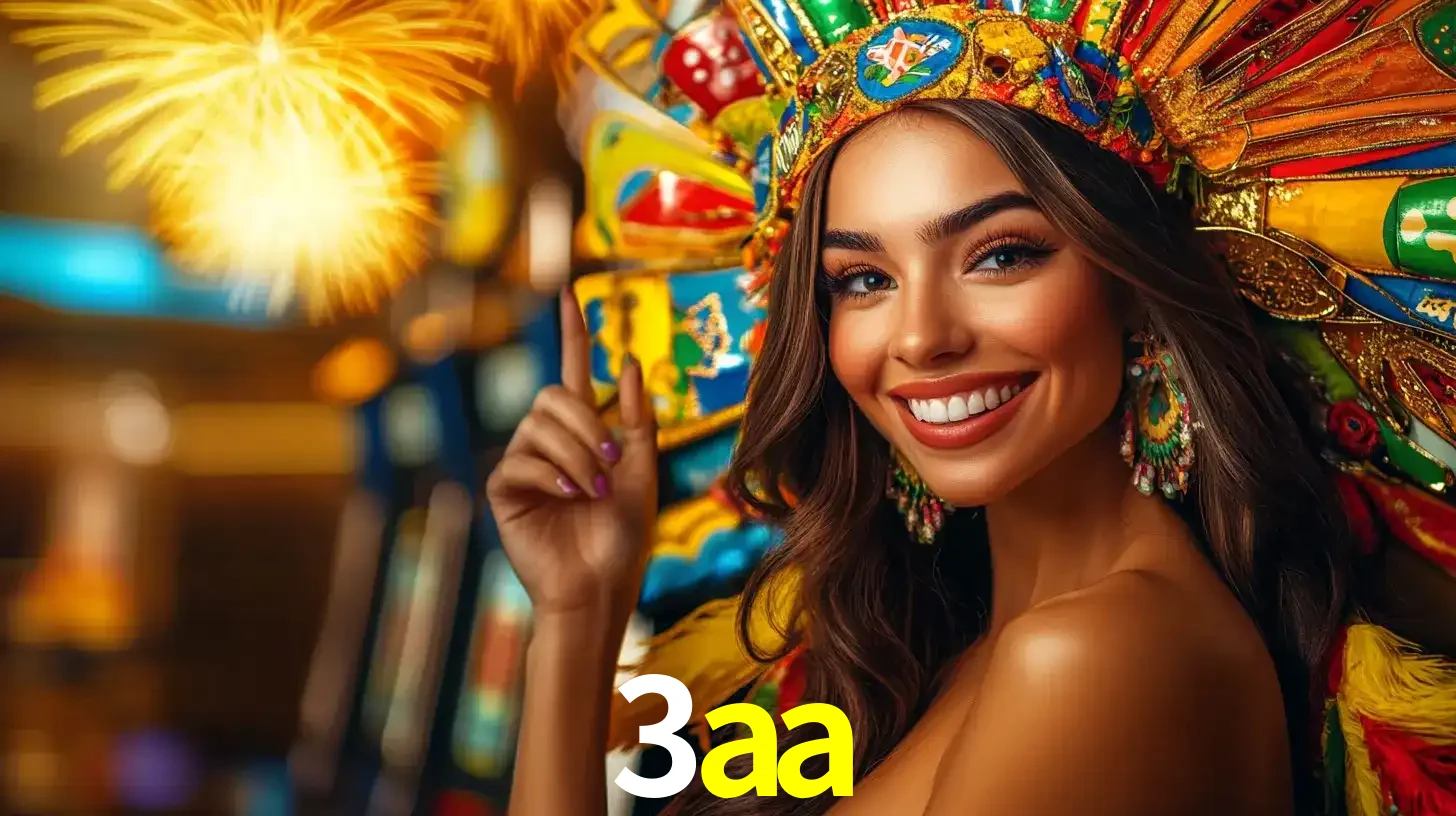 Mulher sorridente com um cocar de carnaval vibrante e colorido, celebrando uma grande vitória nos jogos do cassino 3aa com fogos de artifício ao fundo.