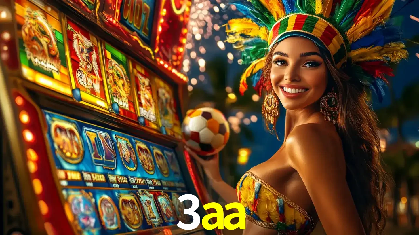 Mulher com um cocar de carnaval ao lado de uma máquina de caça-níqueis enquanto segura uma bola de futebol, mostrando a união da diversão de cassino e esportes no 3aa.