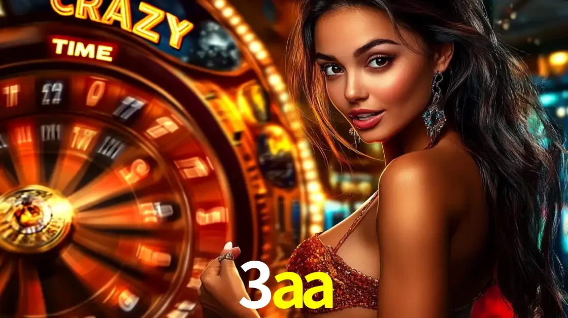 Mulher ao lado da roda de prêmios do jogo de cassino ao vivo Crazy Time, um dos shows de jogos mais emocionantes oferecidos pela plataforma de apostas 3aa.