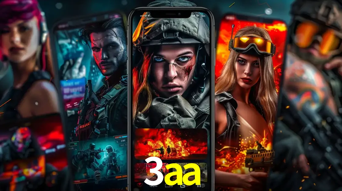 Montagem de telas de celular mostrando diversos personagens, masculinos e femininos, de um jogo de tiro, ilustrando a diversidade de equipes de e-sports para apostar no 3aa.