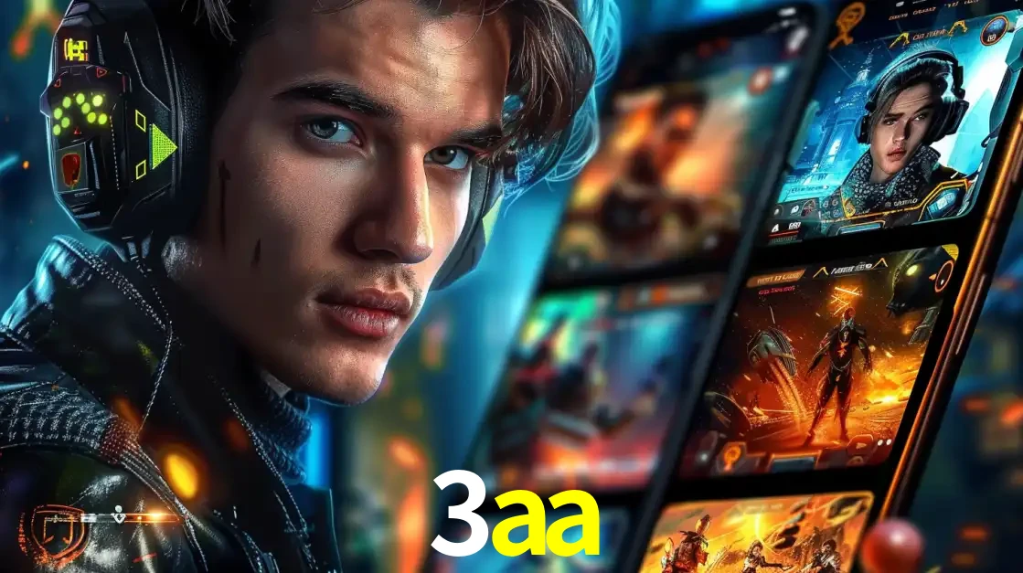 Jovem jogador com fones de ouvido olhando para a câmera, com um aplicativo de jogos e e-sports para celular ao fundo, pronto para a competição e apostas no 3aa.