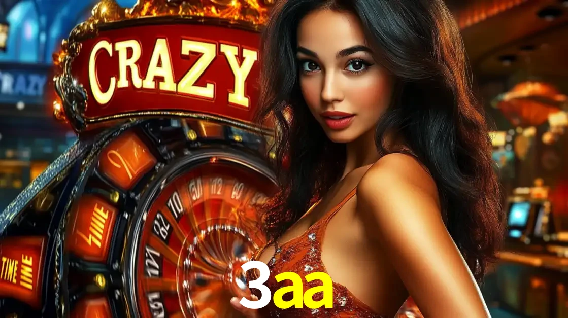 Mulher glamourosa olhando para a câmera com a roda vermelha do Crazy Time ao fundo em um ambiente de cassino, destacando a emoção dos jogos ao vivo no 3aa.