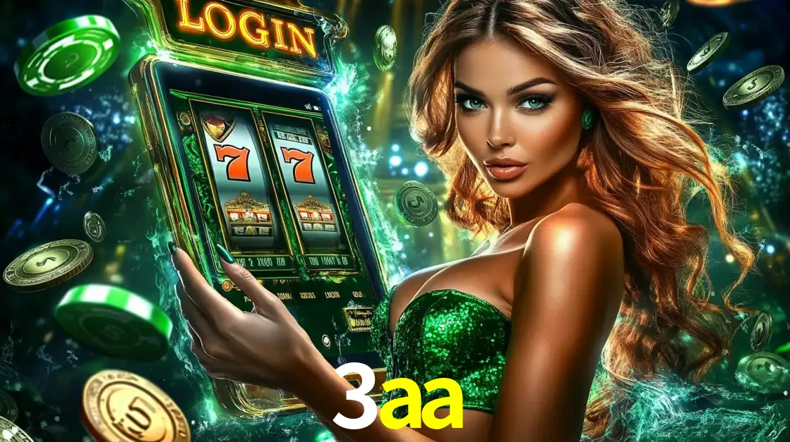 Mulher com tema verde apresentando o aplicativo do cassino 3aa com um jogo de slot de 777, cercada por fichas de cassino e uma aura de sorte.