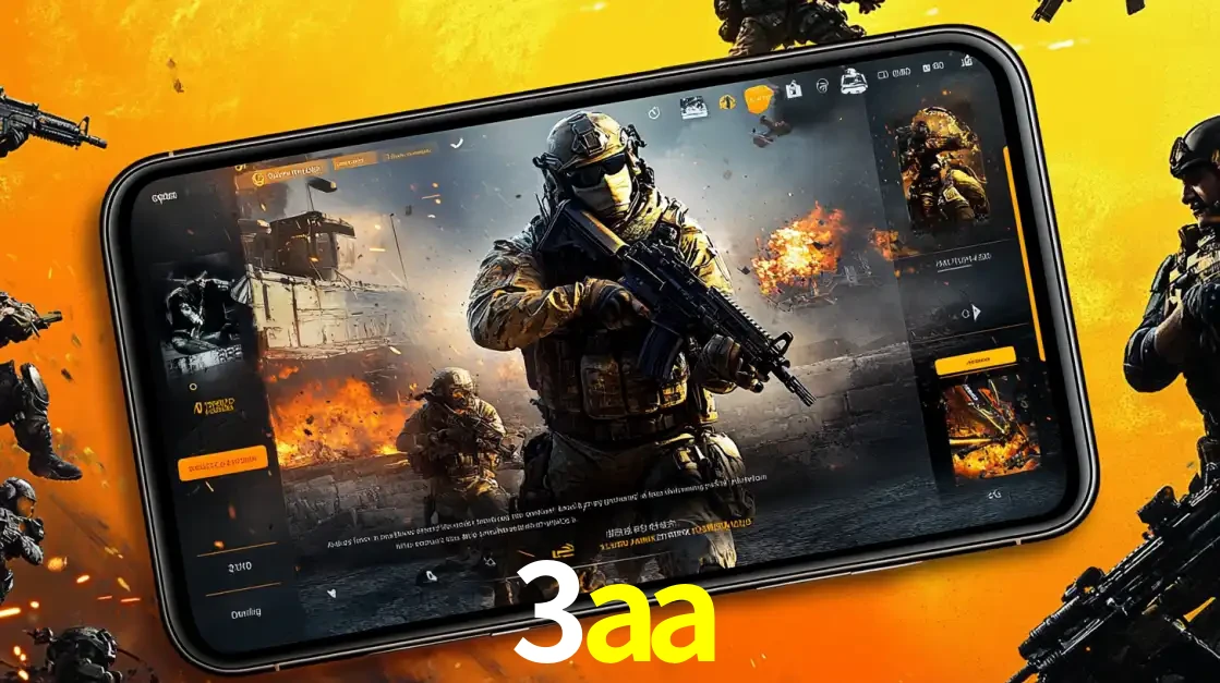 Um smartphone exibindo a interface de um jogo de tiro em primeira pessoa, com um soldado em um cenário de batalha, representando a ação dos e-sports para apostar no 3aa.