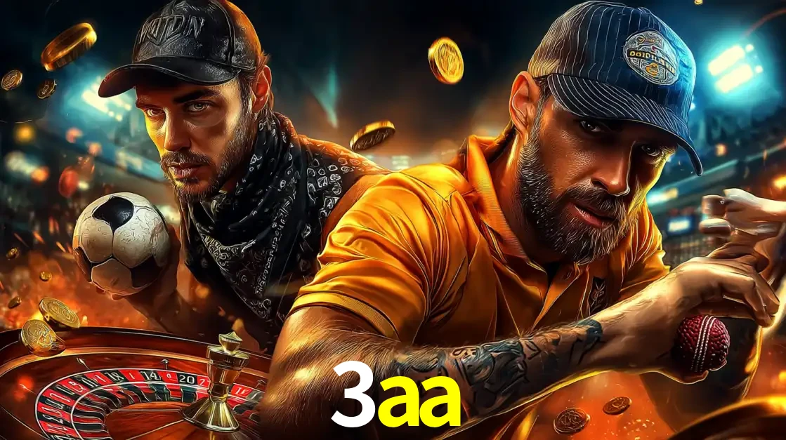 Montagem de apostas esportivas e cassino no 3aa, com um homem segurando uma bola de futebol e outro uma de beisebol sobre uma roleta e moedas voadoras.