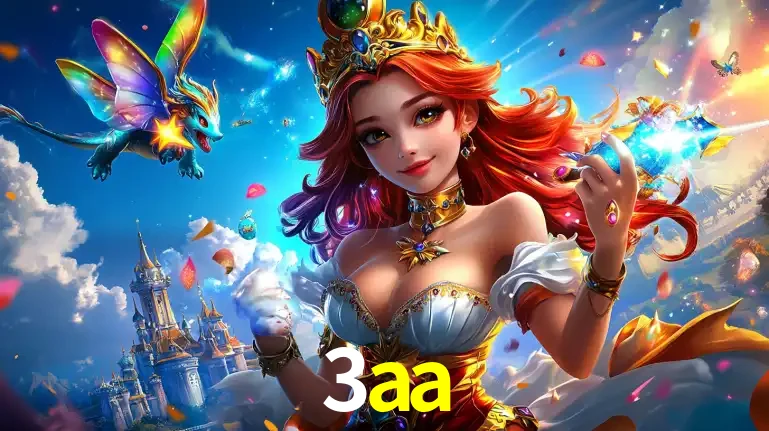 A princesa de um reino de fantasia mágico, com seu pequeno dragão, apresentando um mundo de prêmios encantados nos jogos de caça-níqueis do cassino 3aa.