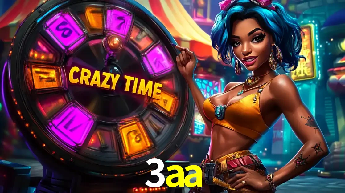 Mulher estilizada com cabelo azul e visual vibrante posando ao lado da roda de prêmios do game show Crazy Time, convidando para a diversão e os bônus do cassino 3aa.