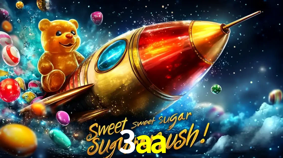 Arte promocional do jogo de slot Sugar Rush, com um urso de pelúcia em um foguete viajando pelo espaço de doces, um dos jogos divertidos disponíveis no cassino 3aa.