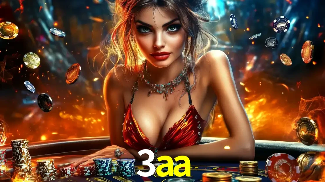 Mulher em uma mesa de cassino com pilhas de fichas e um fundo de fogo, pronta para uma rodada de altas apostas nos jogos de mesa emocionantes do cassino 3aa.