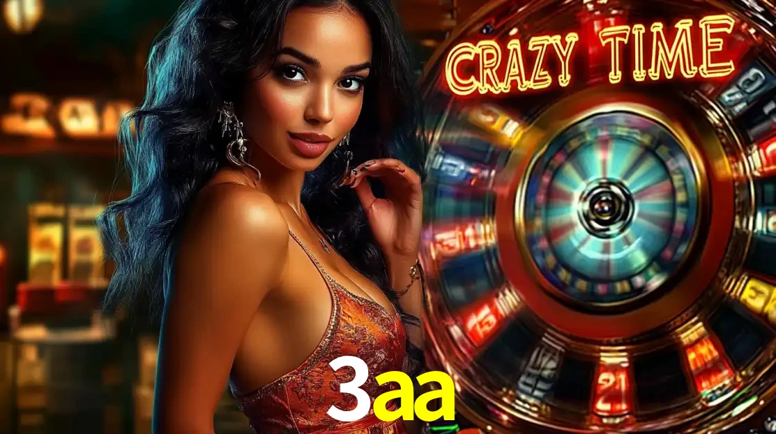 Mulher elegante ao lado da vibrante roda da fortuna do jogo de cassino ao vivo Crazy Time, um dos game shows mais populares e cheios de prêmios do 3aa.