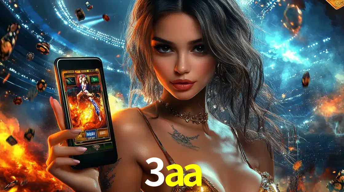 Mulher segurando um celular com um jogo de slot em destaque, tendo como fundo um estádio vibrante, simbolizando a emoção de jogar no cassino móvel 3aa.