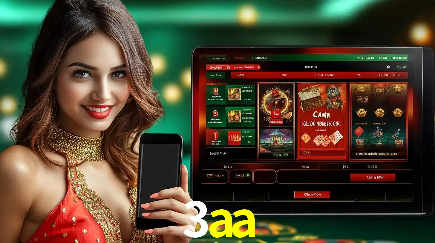 Mulher sorridente segurando um smartphone, ao lado de uma tela exibindo o lobby de jogos do cassino online 3aa, com várias opções de jogos de cartas e slots.